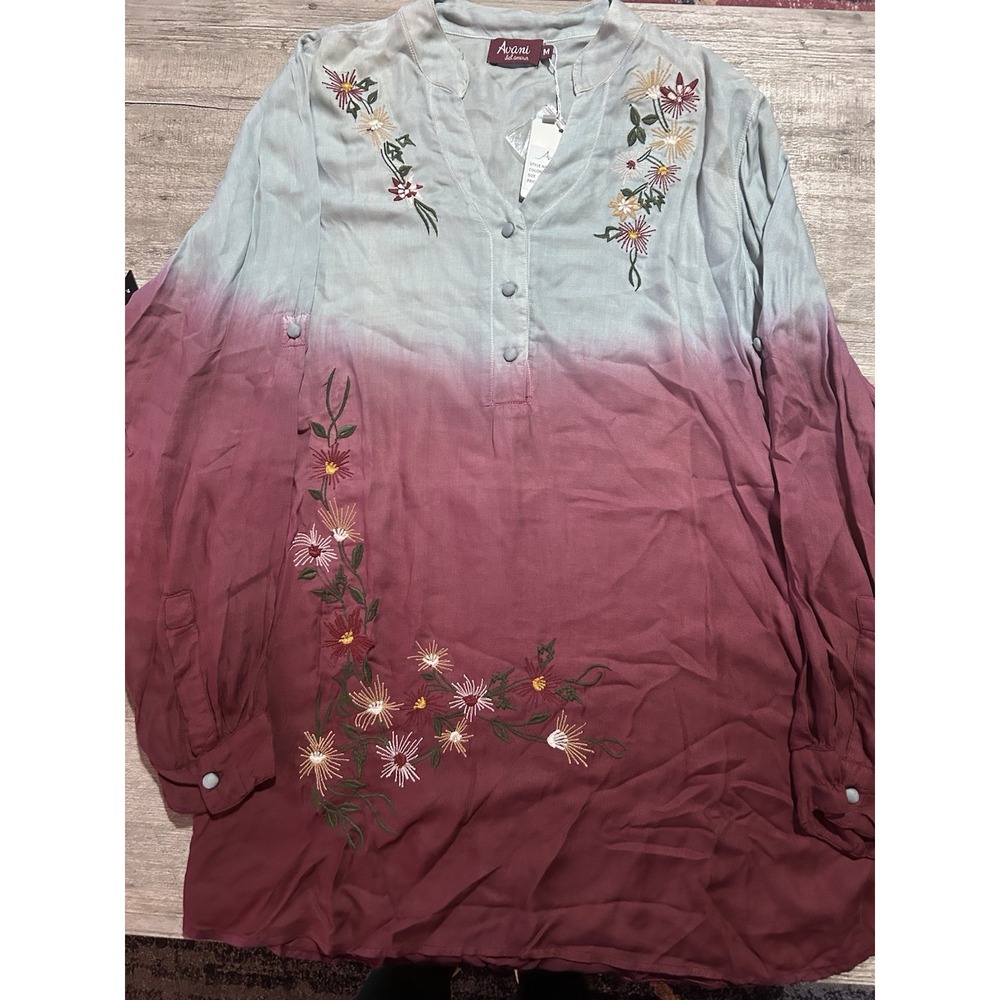 Avani del amour Women's Top Embroidered Boho Ombré Tunic Long Sleeve NWT
